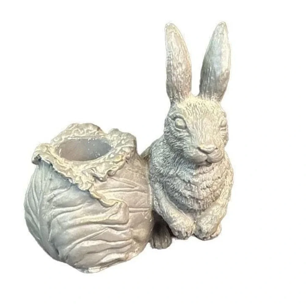 Bronzed Look Ceramic Rabbit Candle Holder Cabbage Shabby Chic Chips in Paint